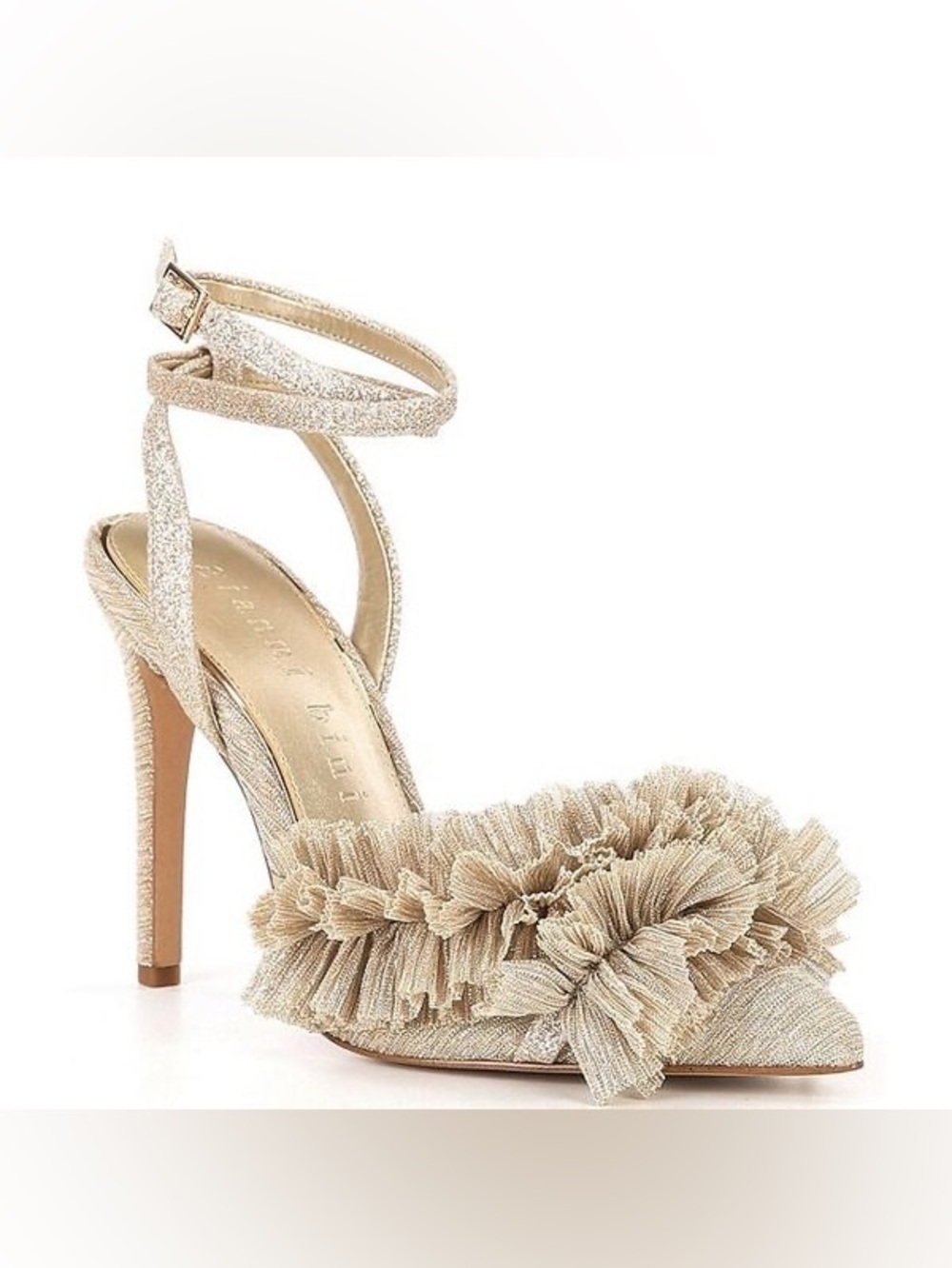 Gianni Bini Gold Glitter Ankle-Strap Pointed Heels with Ruffle Bow